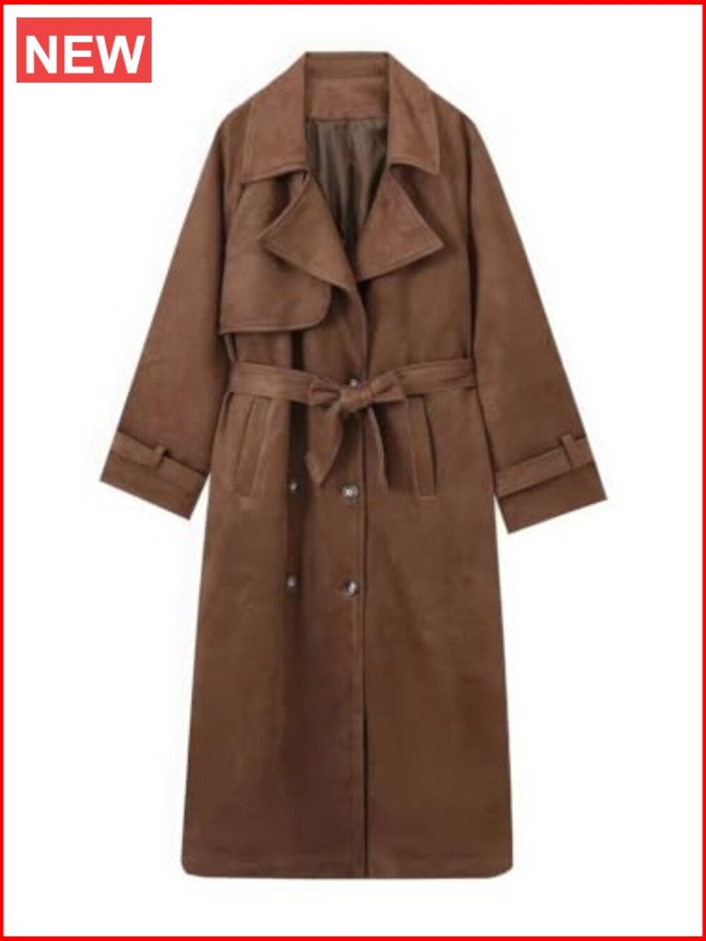 Faux Suede Open Front Long Trench Coat Notched Lapel Double Breasted Maxi - Picture 2 of 5